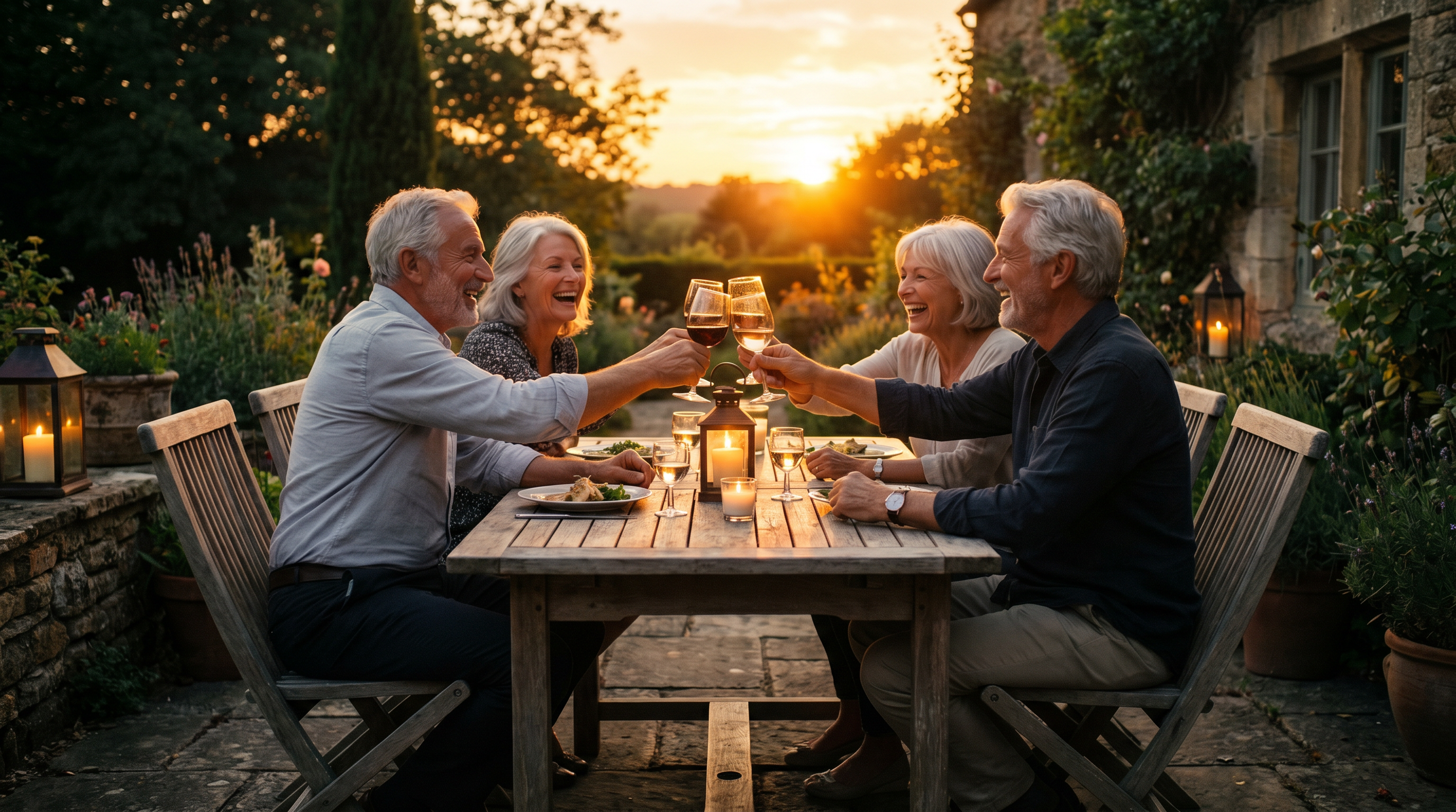 Group of older adults laughing together at a warm outdoor gathering