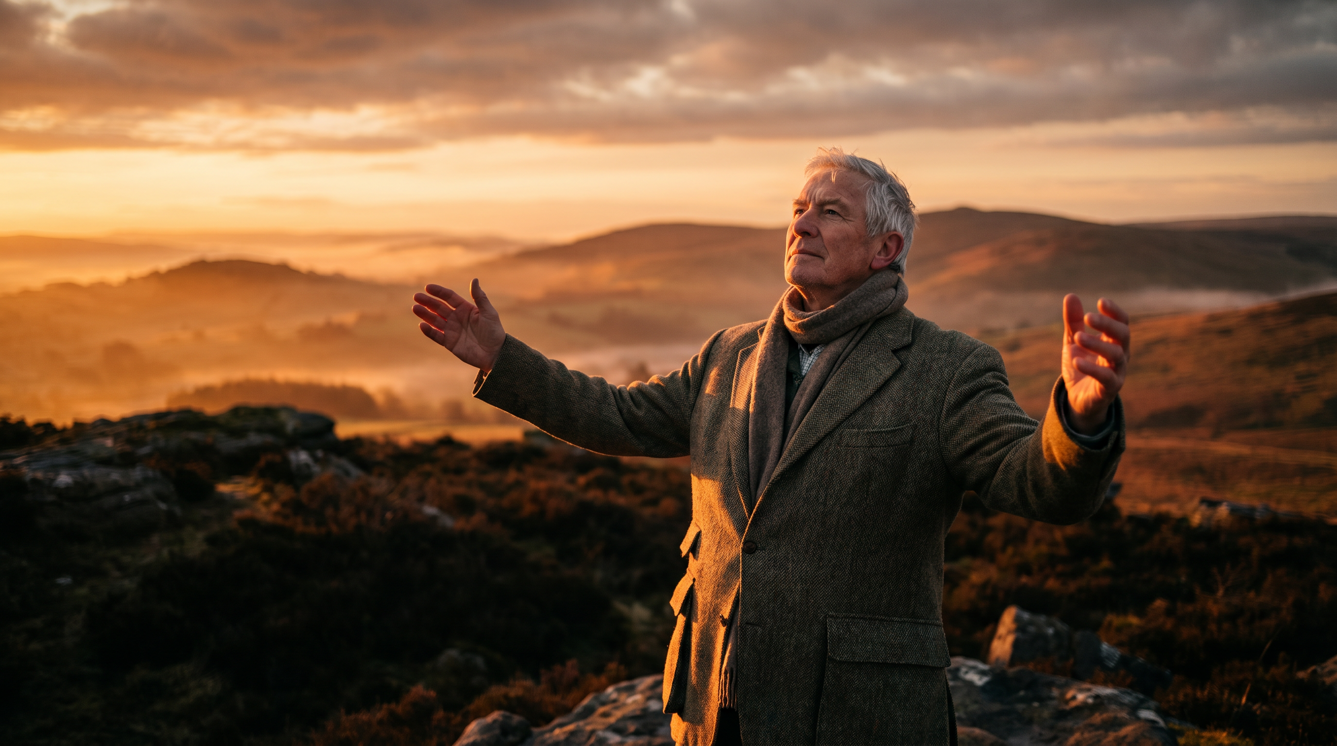 Person standing at sunrise on a mountain ridge